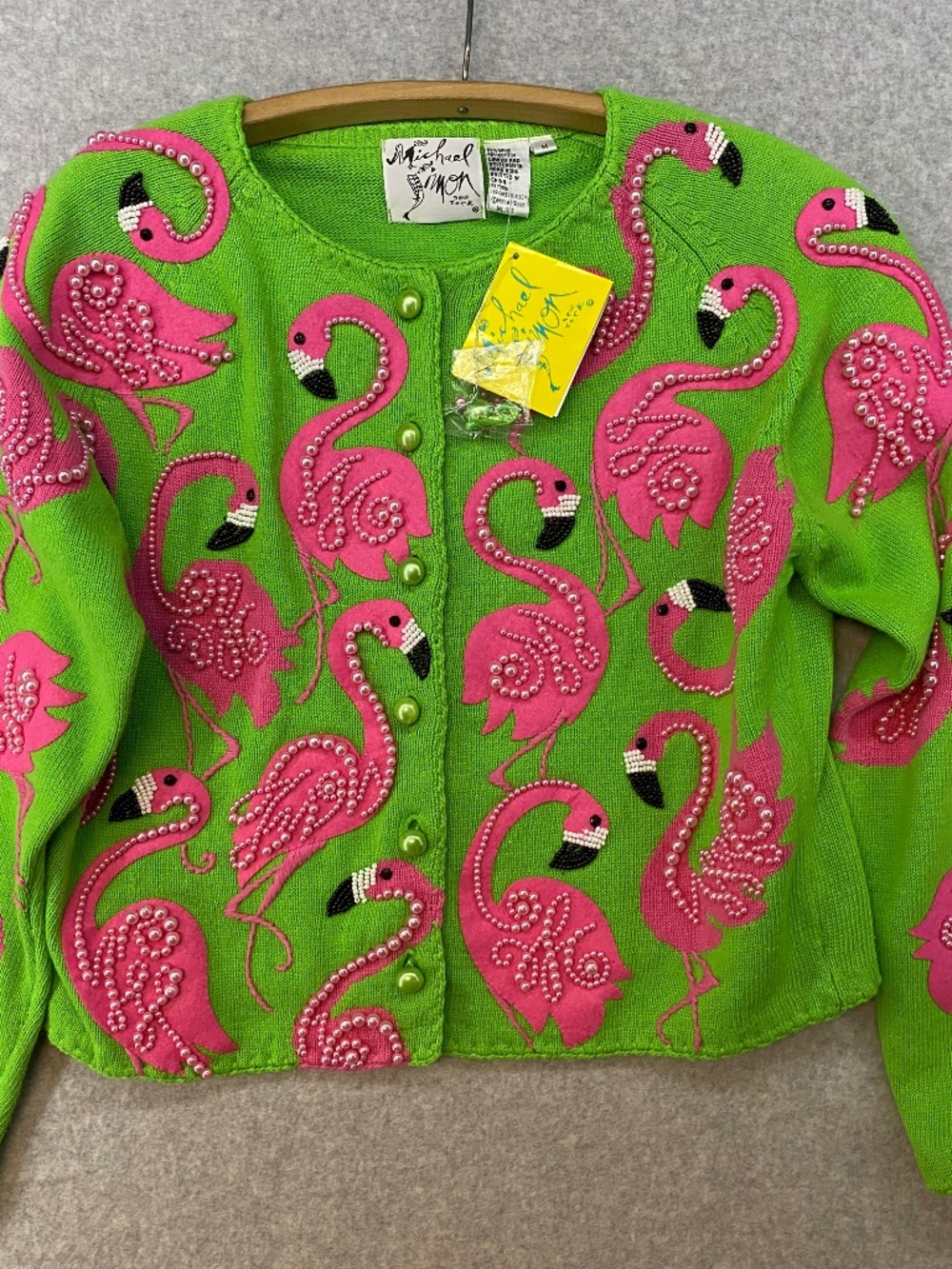 NEW! Vintage Michael Simon Cardigan M • Flamingo • Embellished • 1998 • Art